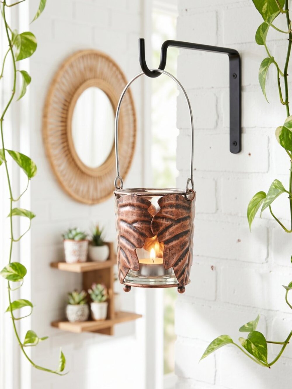 🍁Copper Glass Leaf Votive/Tealight Candle Holder Lantern Decor Hanging Rustic🍁